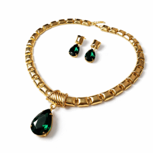 Anti tarnish brass Gold tone Metal Green pendent Necklace and Earrings Set