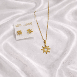 Stainless Steel Gold Plated set of Anti Tarnish Sun Shape Pendent chain With Earrring For Girls And Women