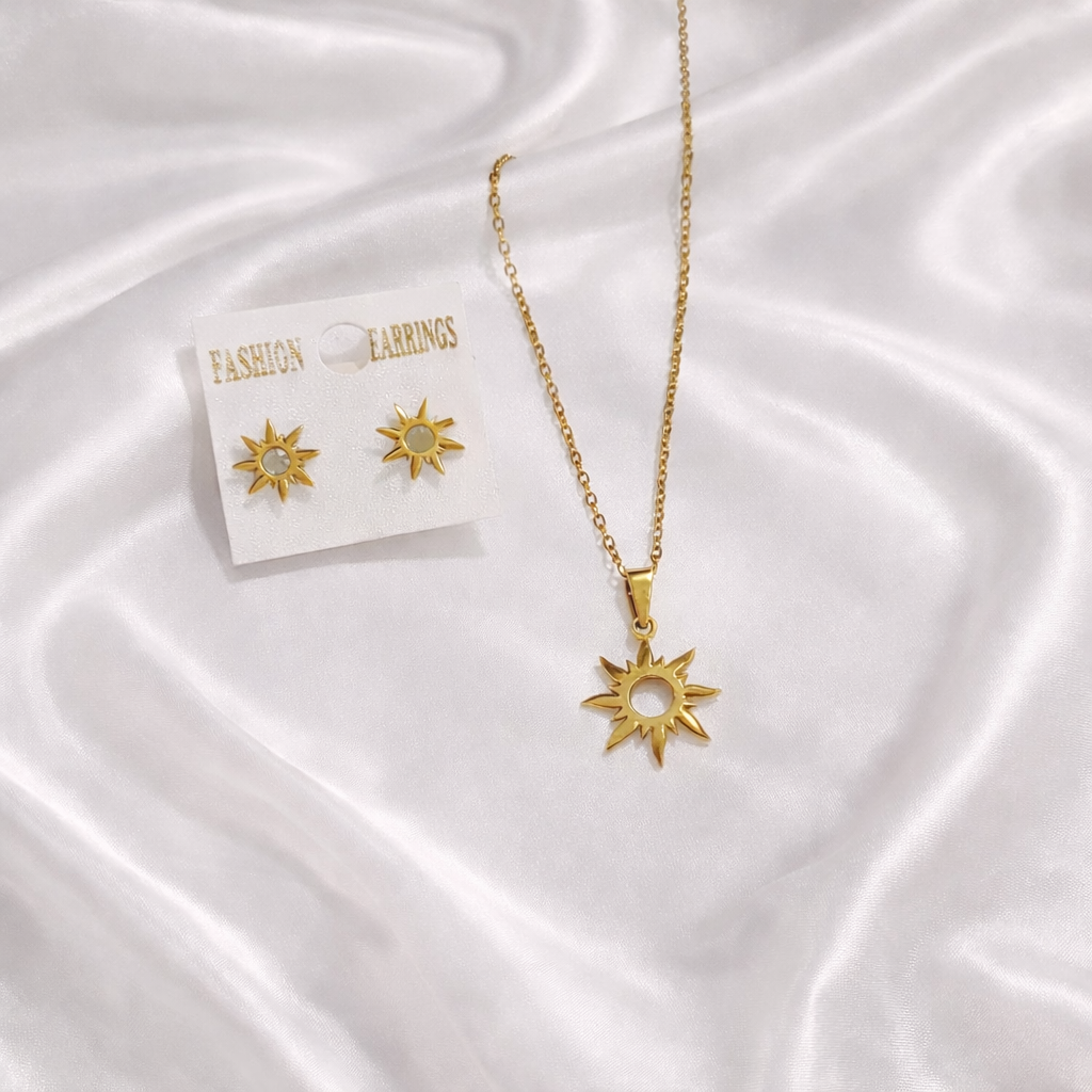 Stainless Steel Gold Plated set of Anti Tarnish Sun Shape Pendent chain With Earrring For Girls And Women