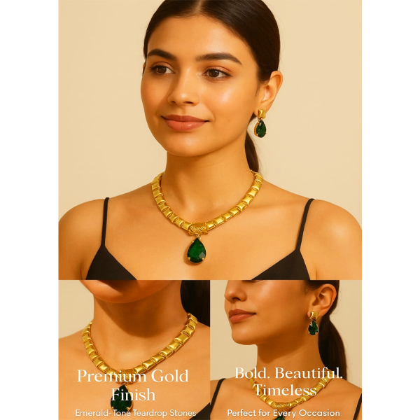 Anti tarnish brass Gold tone Metal Green pendent Necklace and Earrings Set - Image 3