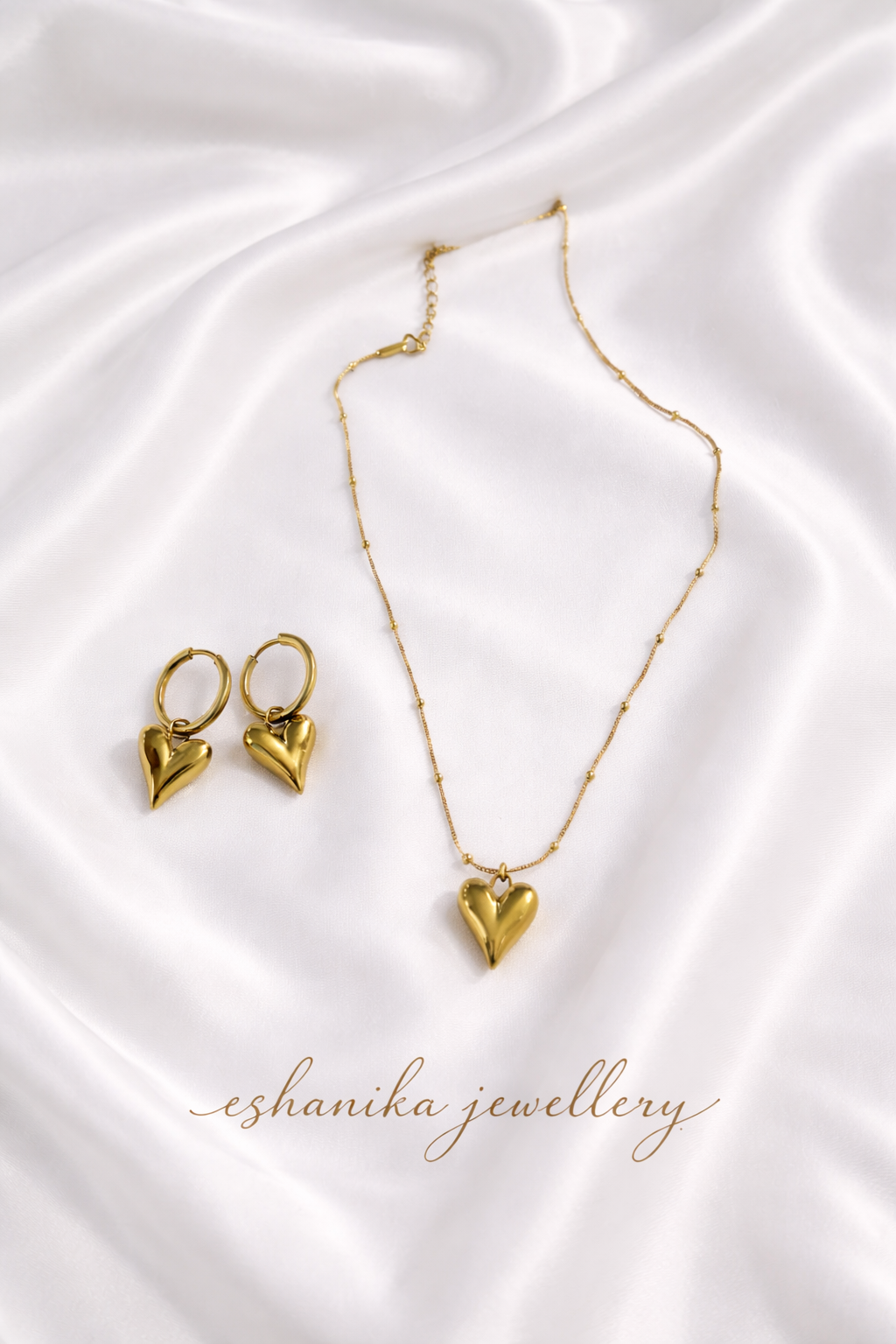 Anti Tarnish Heart Themed Pendent Chain With Earrings18k gold plated for Women