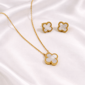 Stainless Steel Gold Plated set of White Anti Tarnish Clover Pendent chain With Earrring For Girls And Women