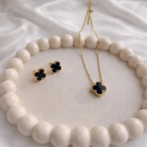 Stainless Steel Gold Plated set of Black Anti Tarnish Clover Pendent chain With Earrring For Girls And Women