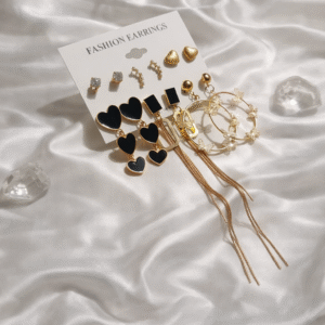 Shining Diva Golden Alloy  Black heart Earrings Combo Set of 6