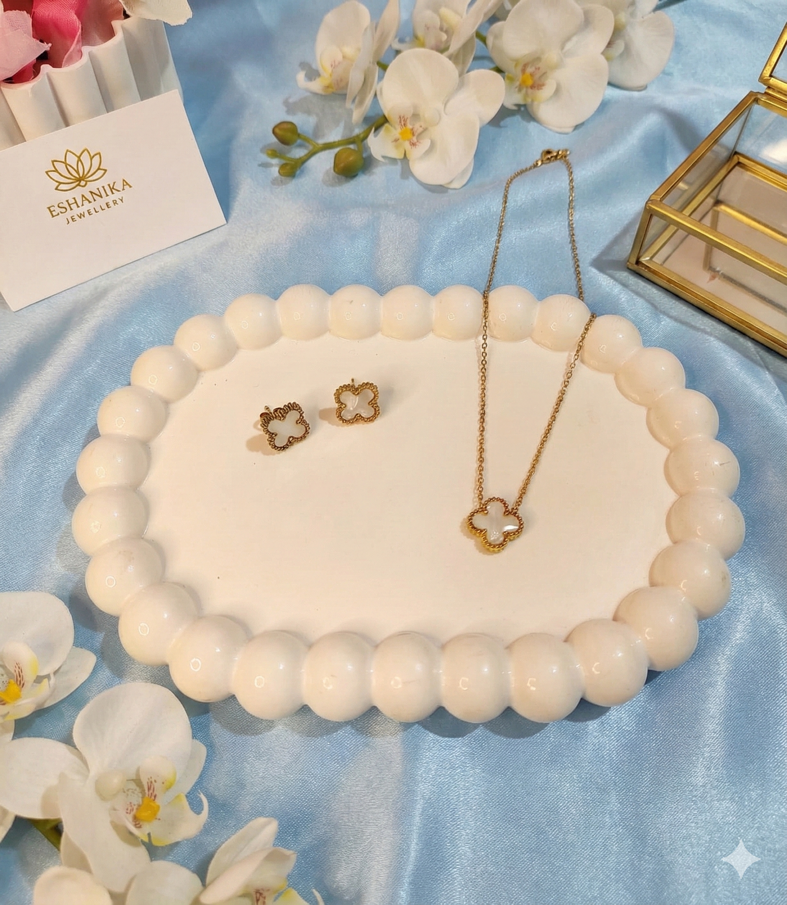 Stainless Steel Gold Plated set of White Anti Tarnish Clover Pendent chain With Earrring For Girls And Women - Image 2