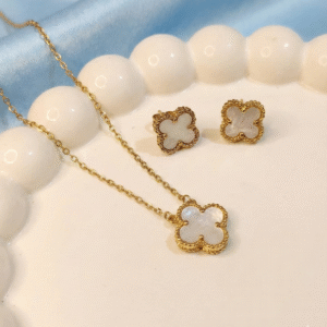 Stainless Steel Gold Plated set of White Anti Tarnish Clover Pendent chain With Earrring For Girls And Women