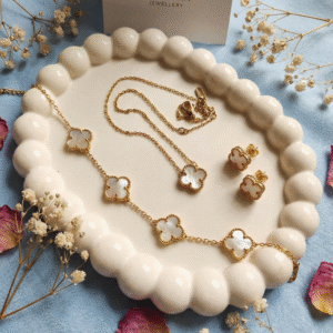 Stainless Steel Gold Plated set of White Anti Tarnish Clover Jewellery set or Women And Women