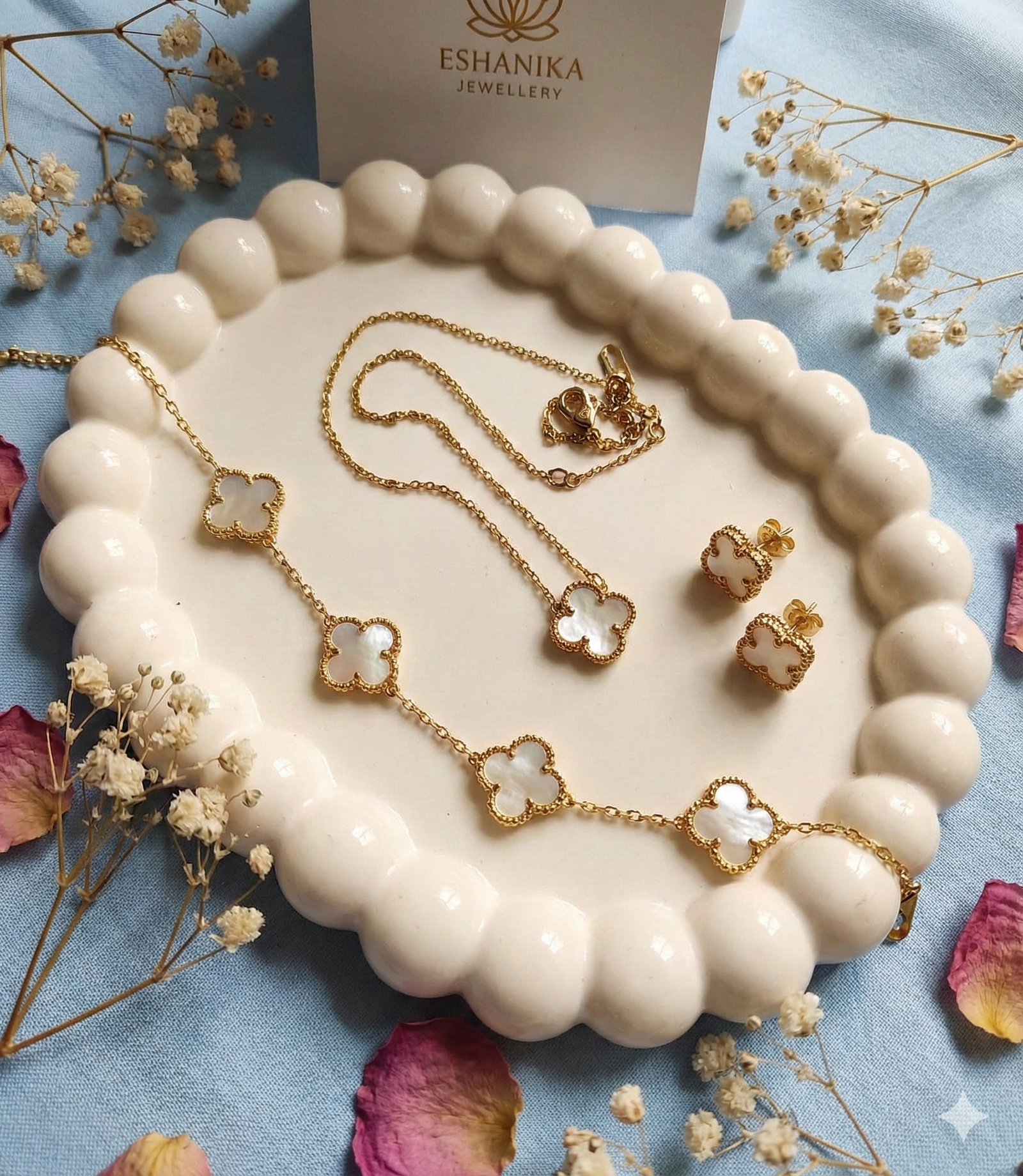 Stainless Steel Gold Plated set of White Anti Tarnish Clover Jewellery set or Women And Women