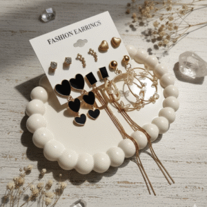 Shining Diva Golden Alloy  Black heart Earrings Combo Set of 6