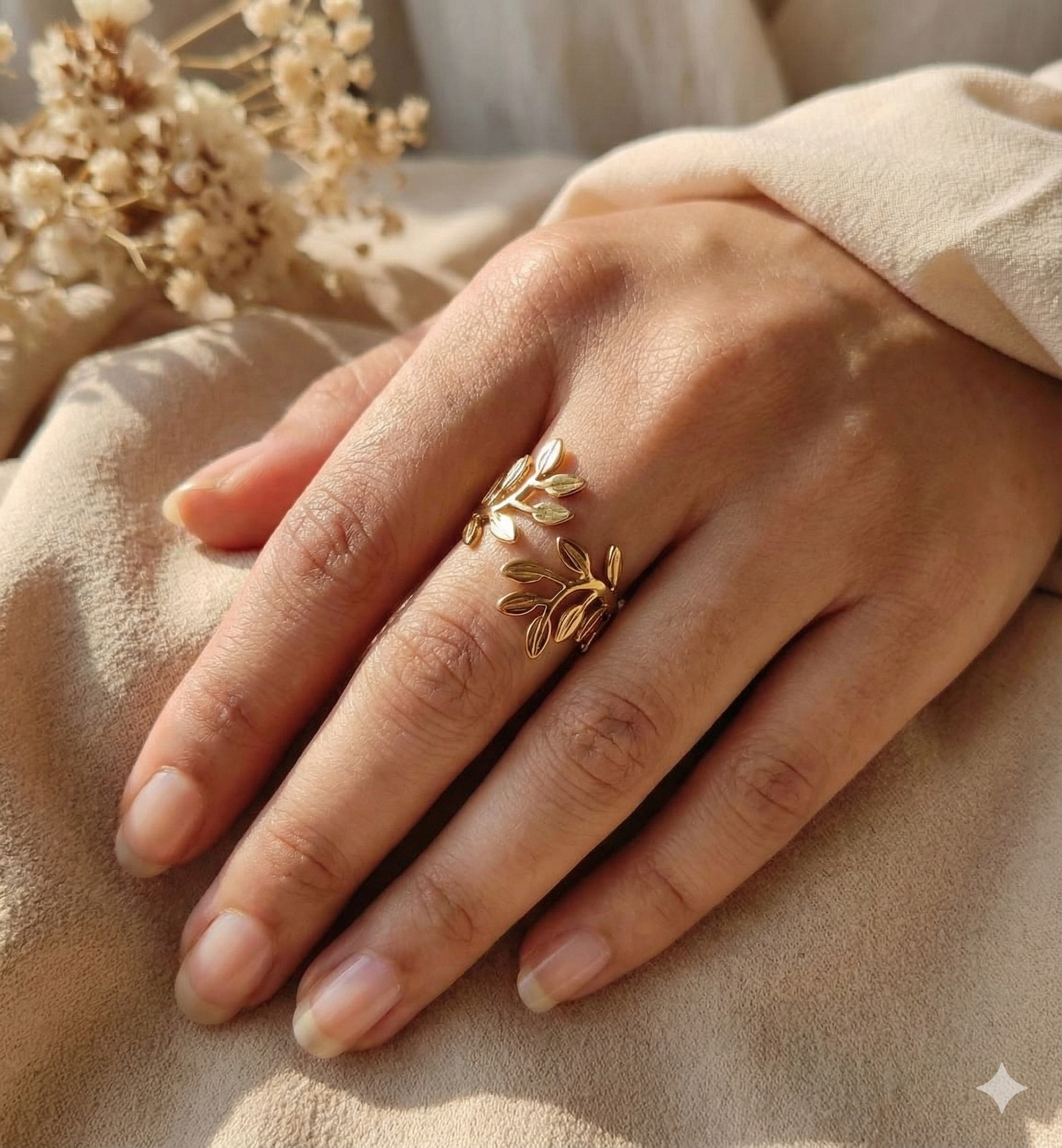 Gold Plated Anti Tarnish Stainless Steel Leaf Themed Adjustable Finger ring