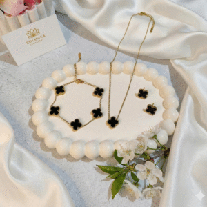 Stainless Steel Gold Plated set of Black Anti Tarnish Clover Jewellery set For Girls And Women