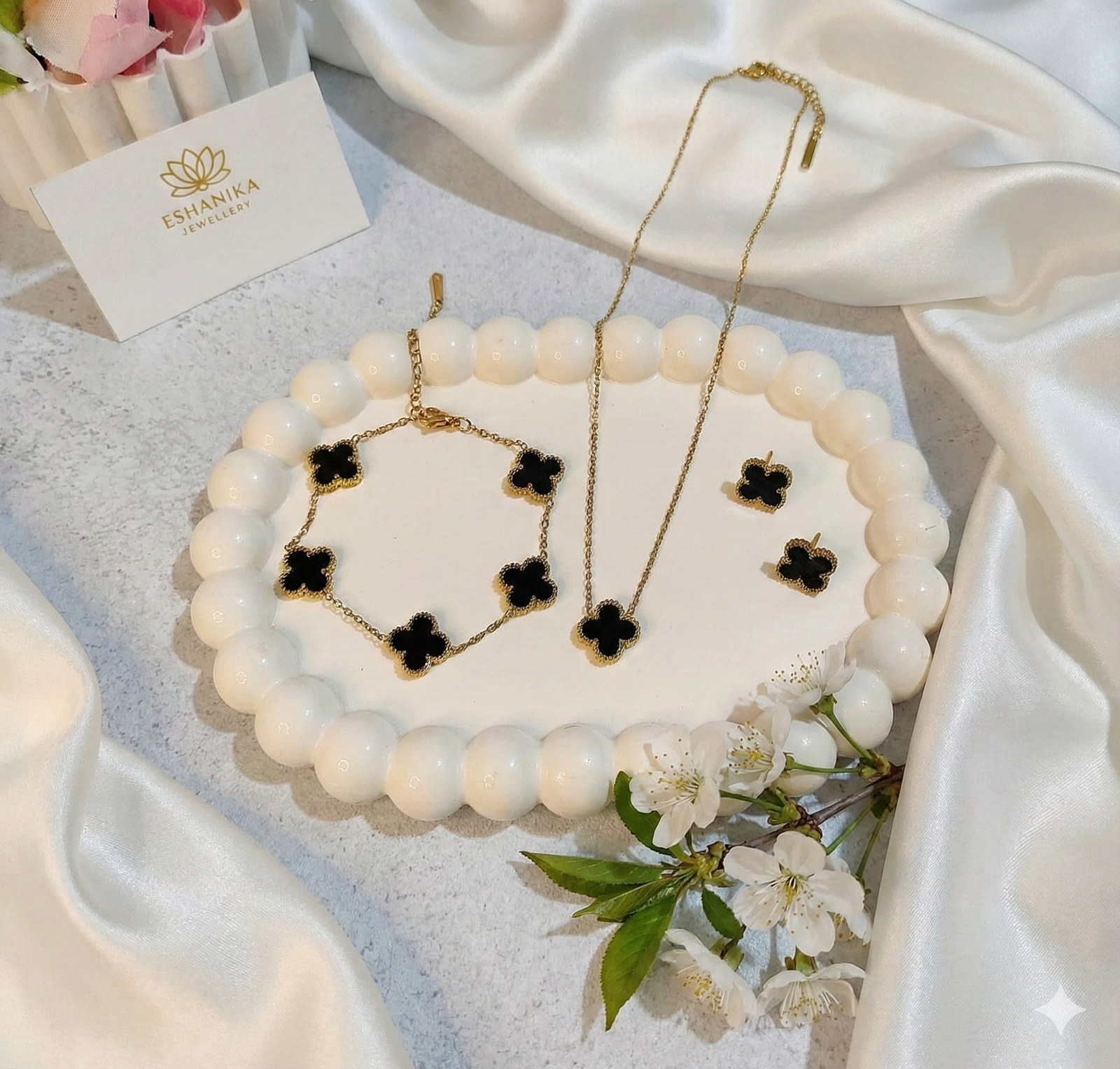 Stainless Steel Gold Plated set of Black Anti Tarnish Clover Jewellery set For Girls And Women