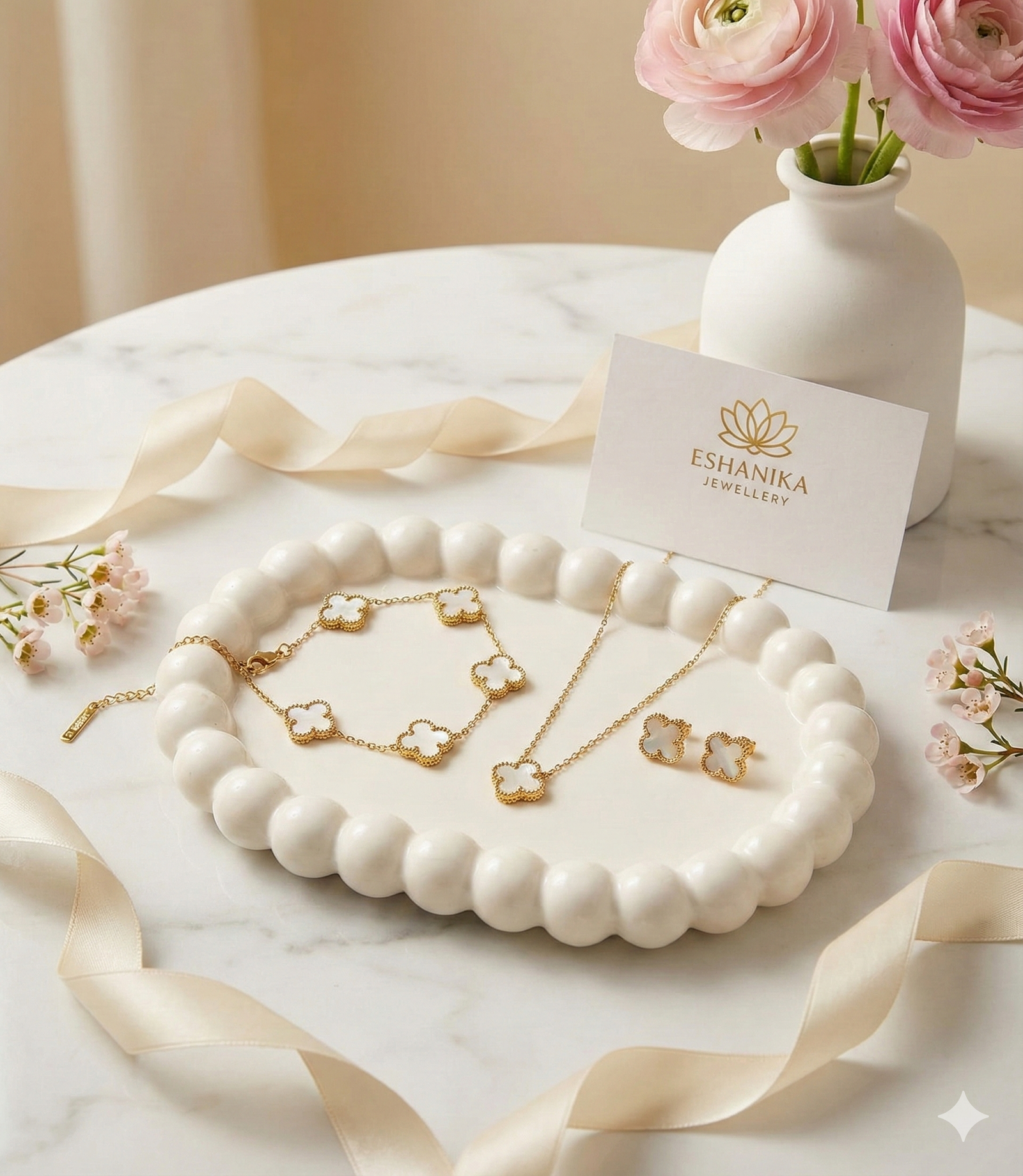 Stainless Steel Gold Plated set of White Anti Tarnish Clover Jewellery set or Women And Women - Image 2