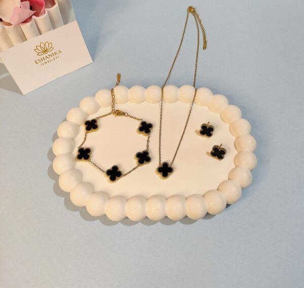 Stainless Steel Gold Plated set of Black Anti Tarnish Clover Jewellery set For Girls And Women - Image 3