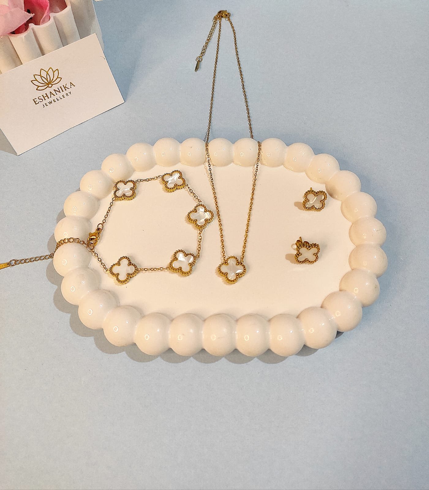 Stainless Steel Gold Plated set of White Anti Tarnish Clover Jewellery set or Women And Women - Image 5