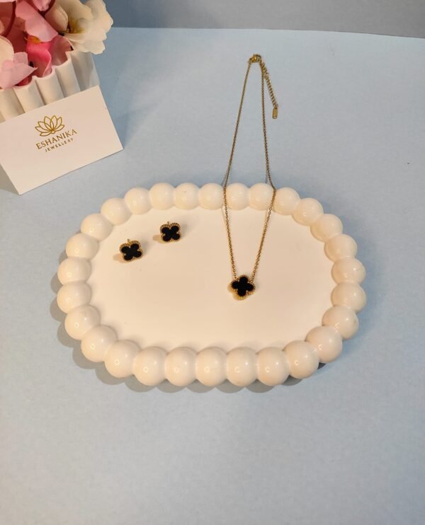 Stainless Steel Gold Plated set of Black Anti Tarnish Clover Pendent chain With Earrring For Girls And Women - Image 3