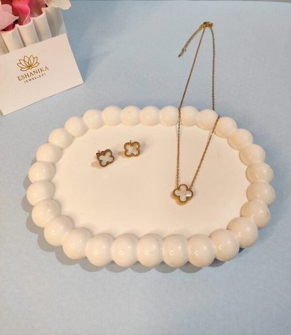 Stainless Steel Gold Plated set of White Anti Tarnish Clover Pendent chain With Earrring For Girls And Women - Image 2