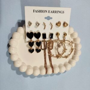 Shining Diva Golden Alloy  Black heart Earrings Combo Set of 6