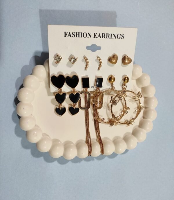 Shining Diva Golden Alloy  Black heart Earrings Combo Set of 6