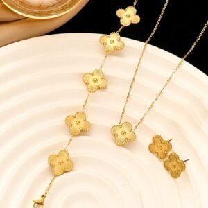 Stainless Steel Gold Plated set of Golden Anti Tarnish Clover Jewellery set or Women And Women