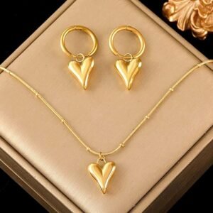 Anti Tarnish Heart Themed Pendent Chain With Earrings18k gold plated for Women