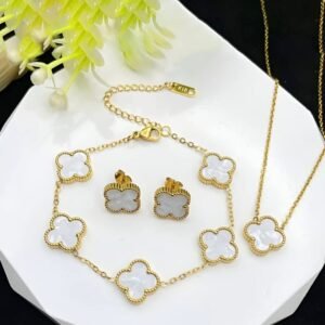Stainless Steel Gold Plated set of White Anti Tarnish Clover Jewellery set or Women And Women