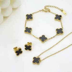 Stainless Steel Gold Plated set of Black Anti Tarnish Clover Jewellery set For Girls And Women