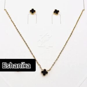 Stainless Steel Gold Plated set of Black Anti Tarnish Clover Pendent chain With Earrring For Girls And Women