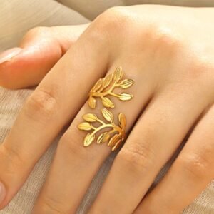 Gold Plated Anti Tarnish Stainless Steel Leaf Themed Adjustable Finger ring