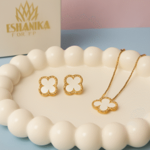Stainless Steel Gold Plated set of White Anti Tarnish Clover Pendent chain With Earrring For Girls And Women