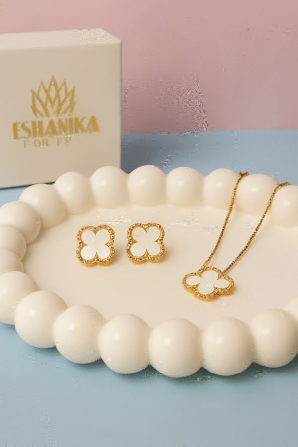 Stainless Steel Gold Plated set of White Anti Tarnish Clover Pendent chain With Earrring For Girls And Women