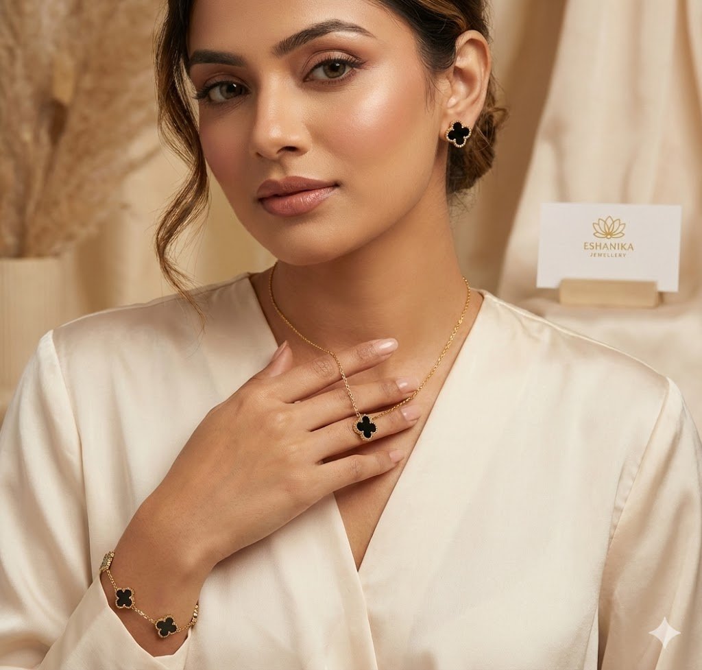 Stainless Steel Gold Plated set of Black Anti Tarnish Clover Jewellery set For Girls And Women - Image 2