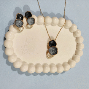 Anti Tarnish Grey Black and White Pendent Chain With Earrings18k gold plated for Women