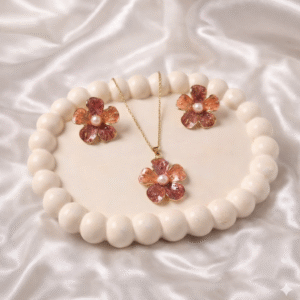 Stainless Steel Gold Plated set of Anti Tarnish Maroon and Orange Flower Pendent chain With Earrring For Girls And Women