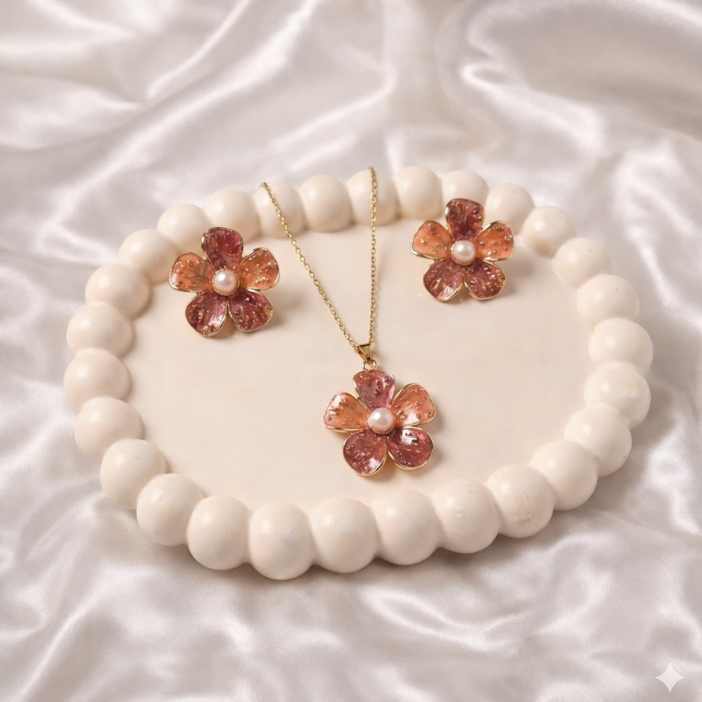 Stainless Steel Gold Plated set of Anti Tarnish Maroon and Orange Flower Pendent chain With Earrring For Girls And Women