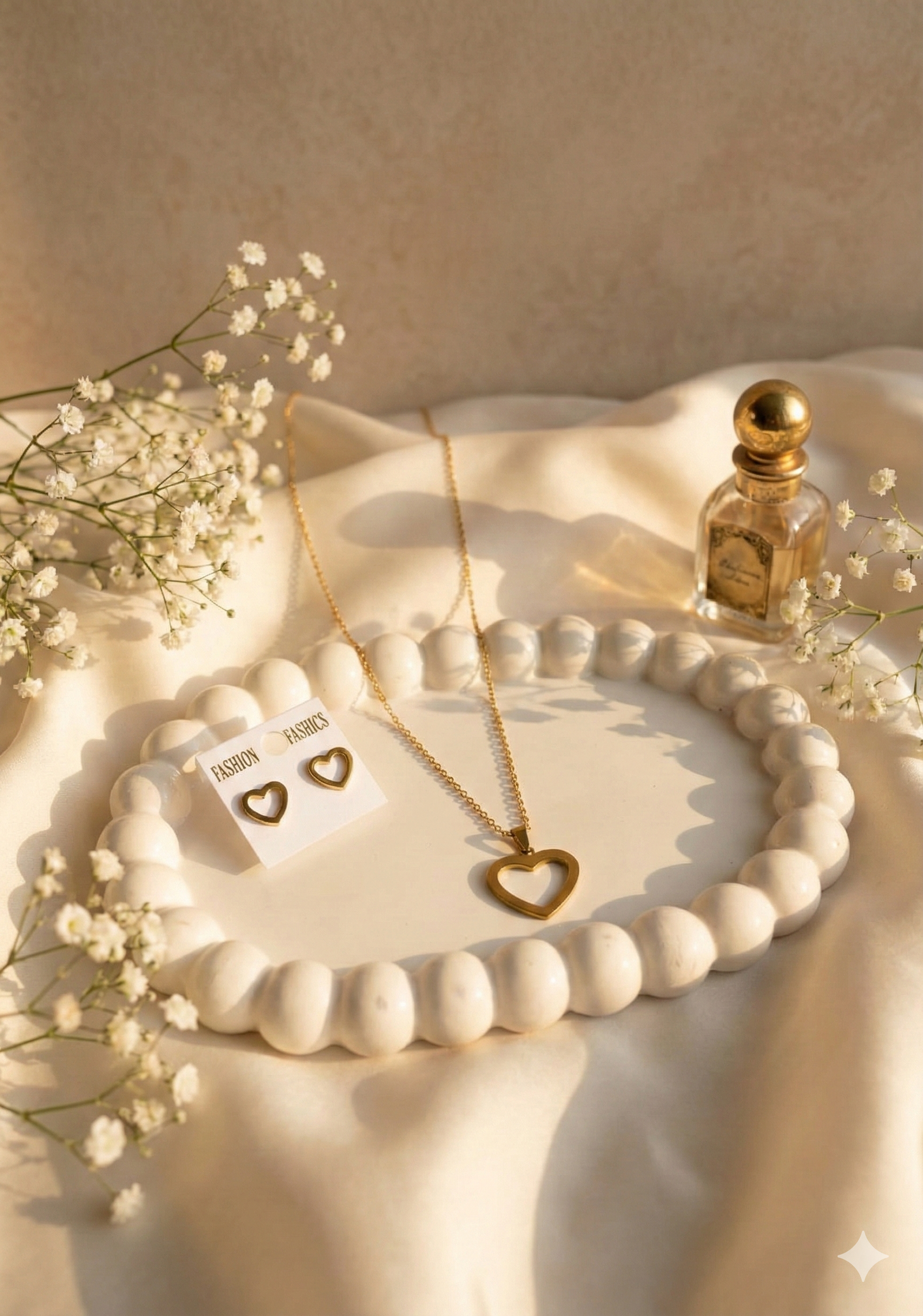 Stainless Steel Gold Plated set of Anti Tarnish Heart Shape Pendent chain With Earrring For Girls And Women