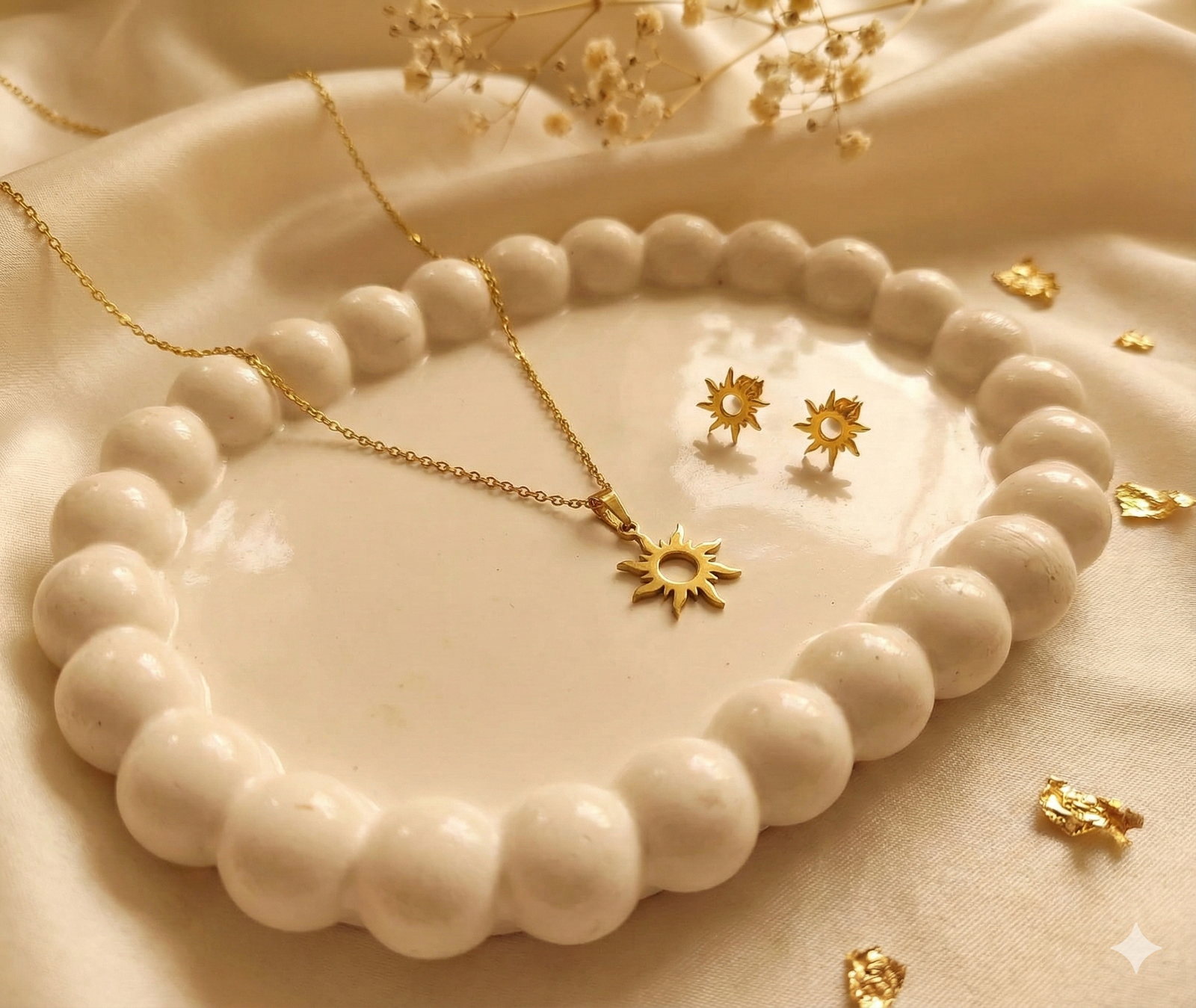 Stainless Steel Gold Plated set of Anti Tarnish Sun Shape Pendent chain With Earrring For Girls And Women - Image 4