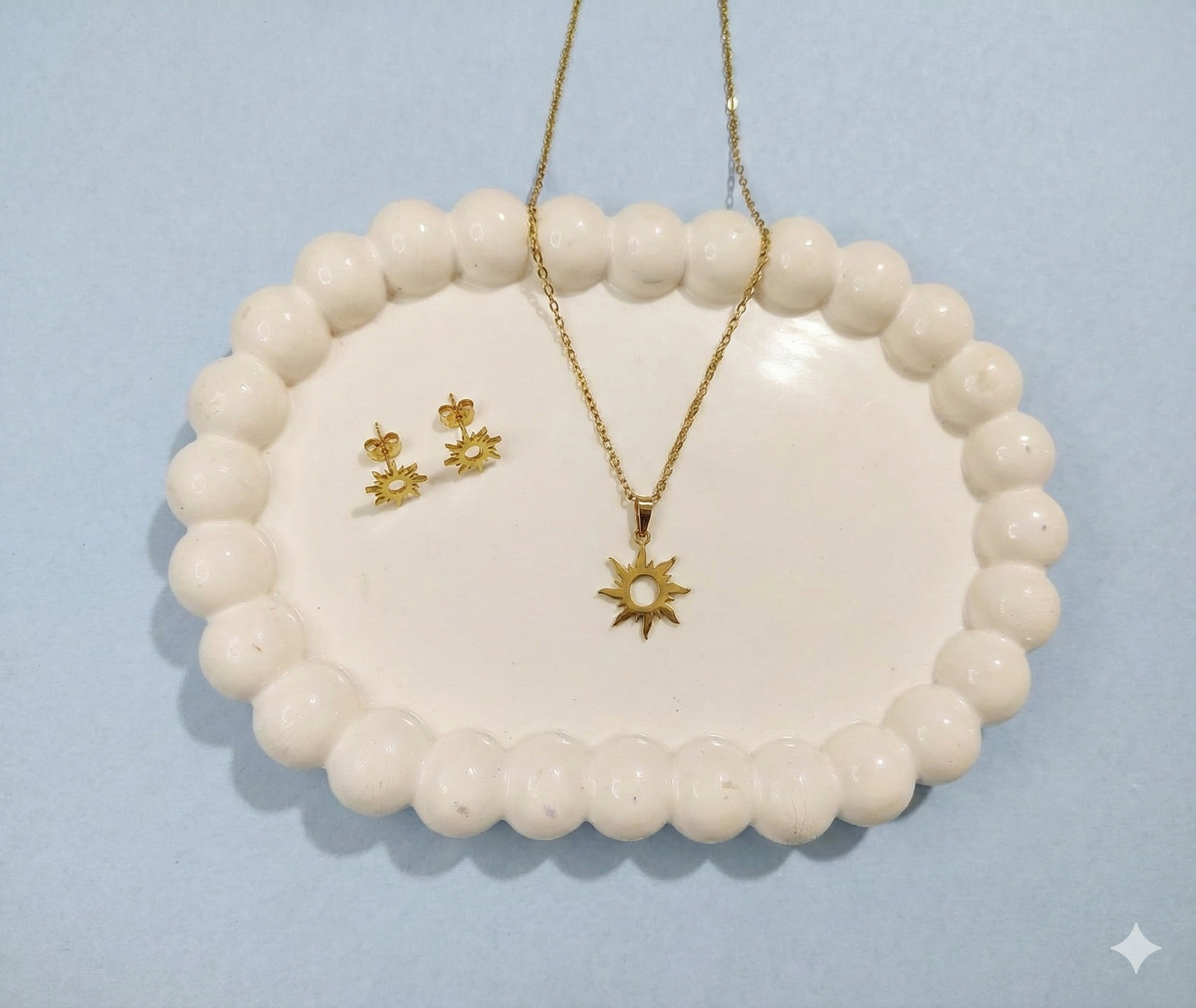 Stainless Steel Gold Plated set of Anti Tarnish Sun Shape Pendent chain With Earrring For Girls And Women - Image 5