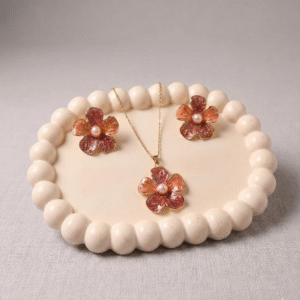 Stainless Steel Gold Plated set of Anti Tarnish Maroon and Orange Flower Pendent chain With Earrring For Girls And Women