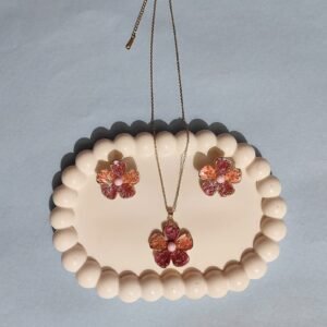 Stainless Steel Gold Plated set of Anti Tarnish Maroon and Orange Flower Pendent chain With Earrring For Girls And Women