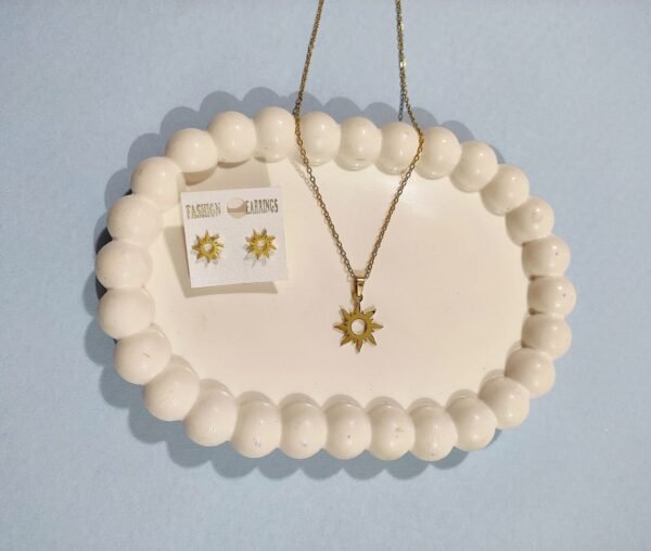 Stainless Steel Gold Plated set of Anti Tarnish Sun Shape Pendent chain With Earrring For Girls And Women - Image 2
