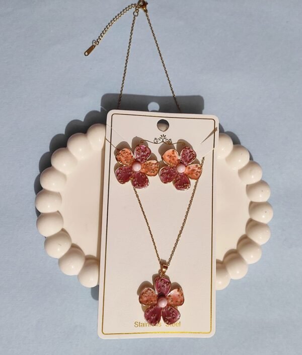 Stainless Steel Gold Plated set of Anti Tarnish Maroon and Orange Flower Pendent chain With Earrring For Girls And Women - Image 2