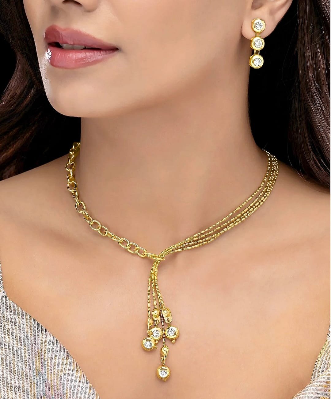 Anti Tarnish Gold Plated Crystal Necklace Set With Earrings