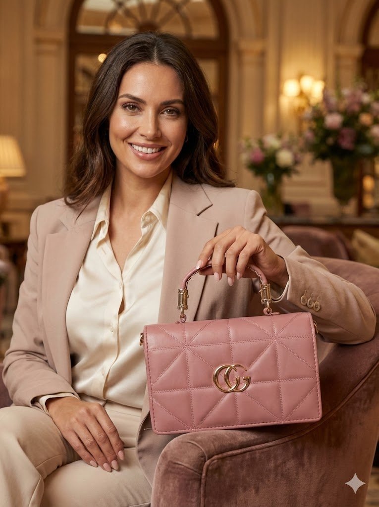 Elegant Pink Quilted Handbag with Gold Accent Logo & Top Handle