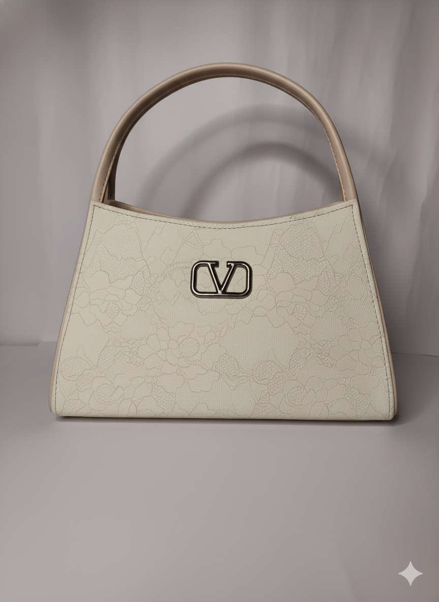 Ivory Floral-Embossed Dual Handle Structured Handbag - Image 2