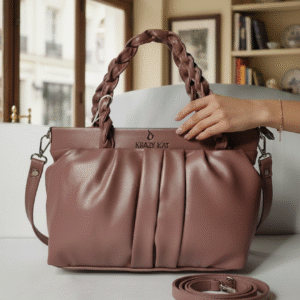 Dusty Mauve Krazy Kat Braided Handle Soft Pleated Shoulder Handbag