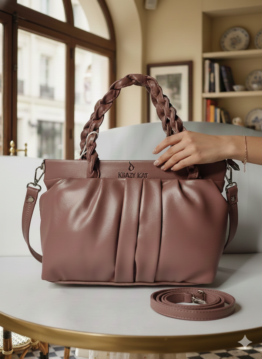 Dusty Mauve Krazy Kat Braided Handle Soft Pleated Shoulder Handbag