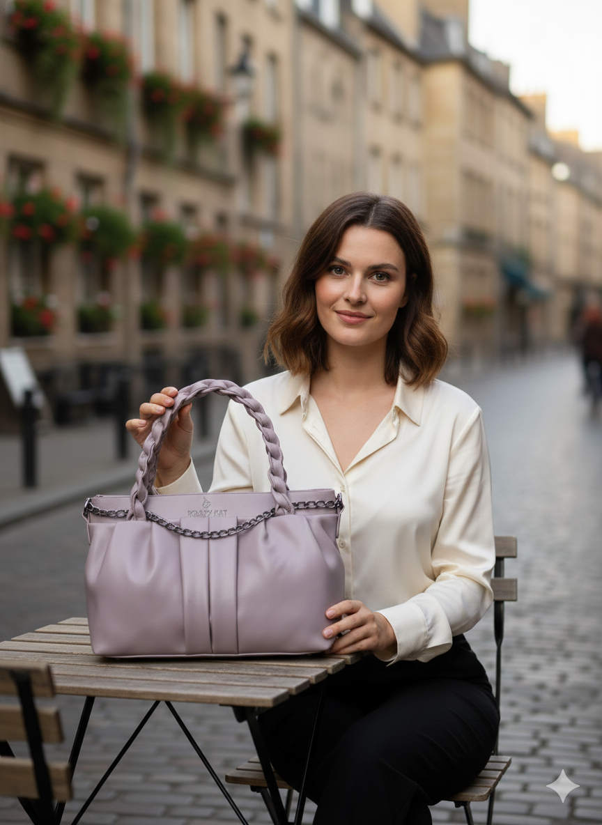 Lilac Krazy Kat Pleated Handbag with Braided Handle and Chain Accent - Image 2