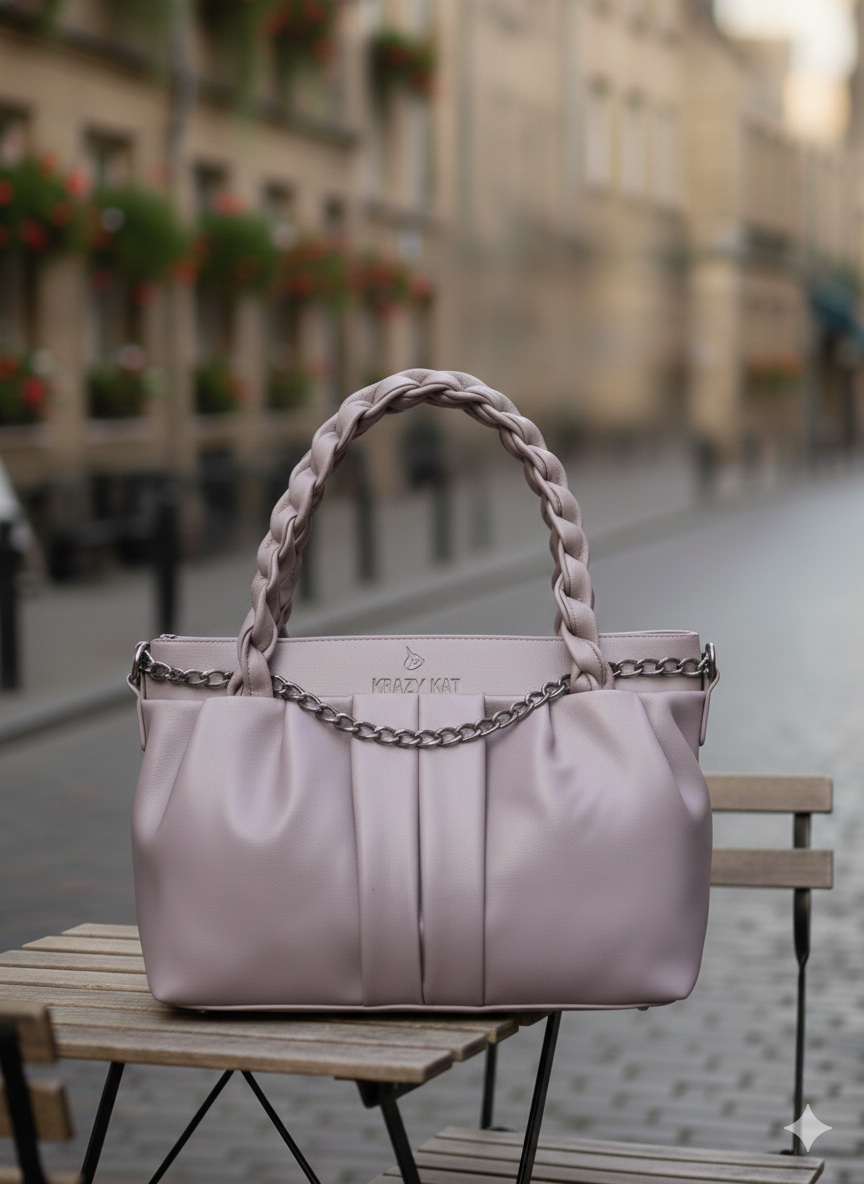Lilac Krazy Kat Pleated Handbag with Braided Handle and Chain Accent
