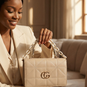 Elegant Beige Quilted Handbag with Gold Accent Logo & Chain Handle